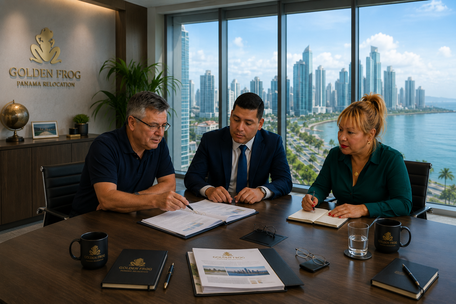 Equipo de Golden Frog Panama Relocation en la oficina de Ciudad de Panamá